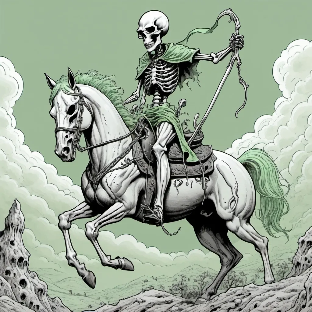 Prompt: line art sinister skeletal demonic rider on a pale grayish green horse; the rider represents disease and pestilence as he rides to bring his plagues to earth  in the style of a comic.