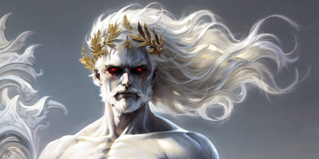 Prompt: a man with a white face and red eyes with a white hair and gold laurel wreath crown on his head and a white beard, Adam Manyoki, antipodeans, white hair, concept art