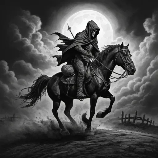 Prompt: line art sinister demonic hooded rider on a black horse; the rider carries a a scale as he rides to bring famine to earth  in the style of a comic.