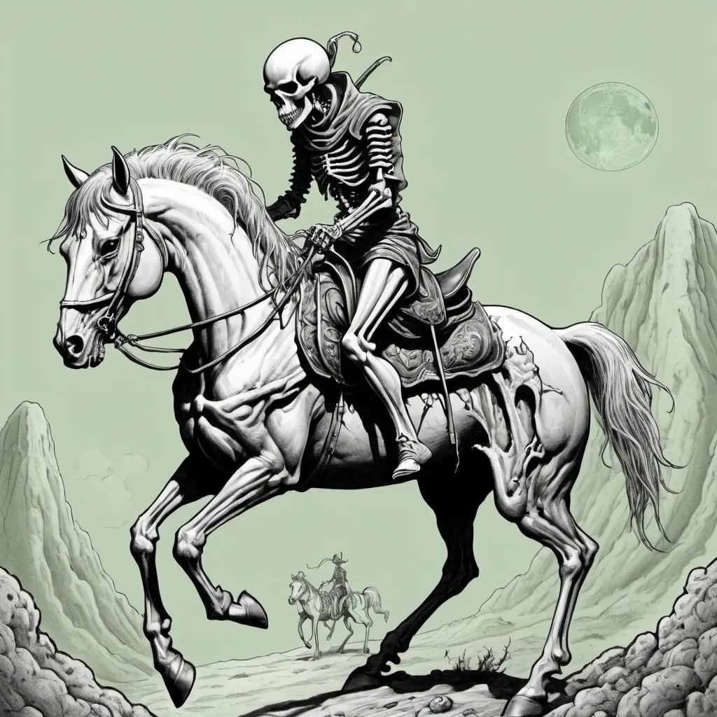 Prompt: line art sinister skeletal demonic rider on a pale grayish green horse; the rider represents disease and pestilence as he rides to bring his plagues to earth  in the style of a comic.