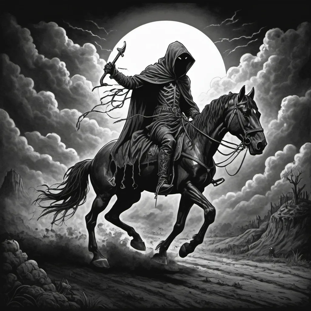 Prompt: line art sinister demonic hooded rider on a black horse; the rider carries a a scale as he rides to bring famine to earth  in the style of a comic.