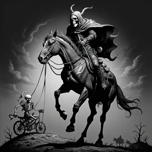 Prompt: Black and white line art sinister demonic man riding a skeletal  black horse; the rider carries a scale or balance in his hand in the style of a comic.