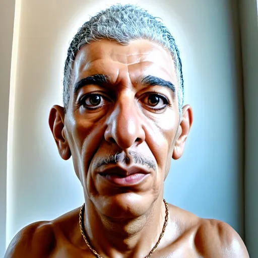 Prompt: a man with a necklace on his neck looking at the camera with a serious look on his face and chest, Chafik Charobim, hyperrealism, foto realistic, a character portrait