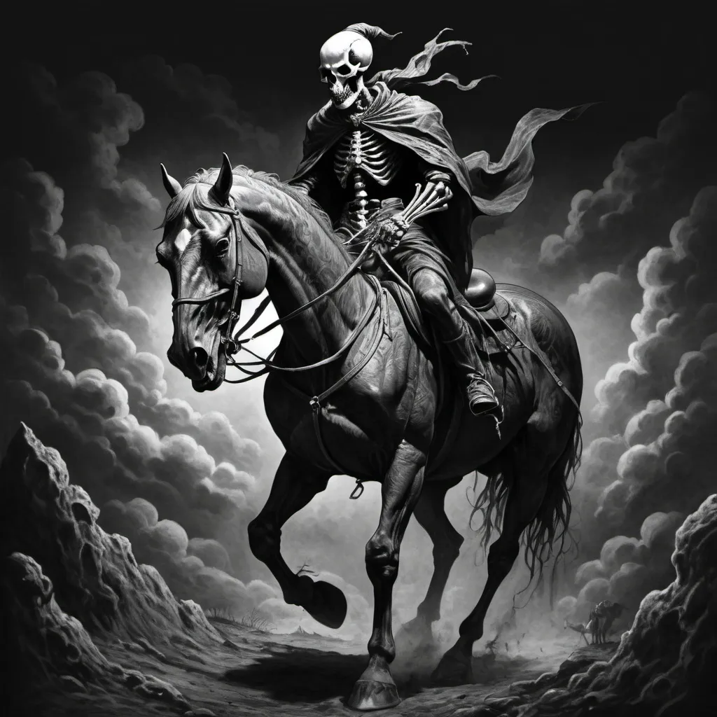 Prompt: Black and white line art sinister demonic man riding a skeletal  black horse; the rider carries a scale or balance in his hand in the style of a comic.