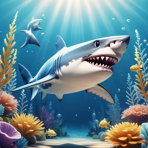 Prompt: (cute shark), vibrant blue and white colors, cheerful expression, cartoon style, playful, swimming in a bright ocean, sparkling sunlight reflecting on water, detailed fins and tail, whimsical underwater plants, ultra-detailed, inviting atmosphere, engaging composition, perfect for children's illustration, 4K resolution.