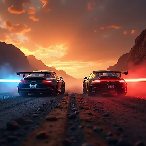 Prompt: Epic battle on mustafar between obi-wan kenobi and anakin skywalker, phone background, with two porsche 911 gt3 rs, one of the theme witht he light side of the force the ohter one dark side themed. make it very realistic an accurate to the movie revenge of the sith and a legendery background   and make it look very insanly cool