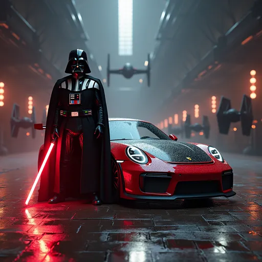 Prompt: darth vader next to a porsche 911 gt3 rs, that is themed after him, in an imperial base next to tie fighters and vader holding his lightsaber with an epic background