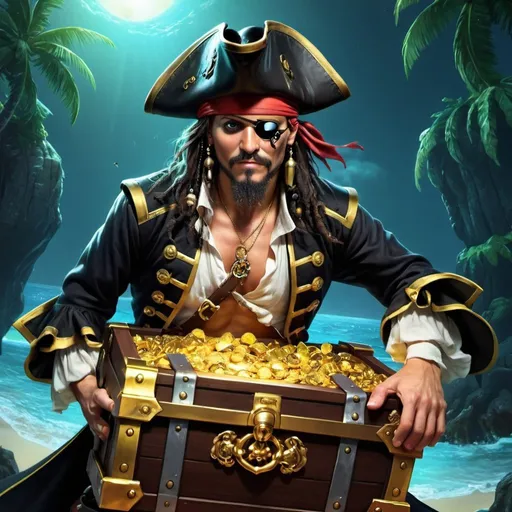 Prompt: Cover Art, Black Pirate & Treasure Chest of Gold, HD