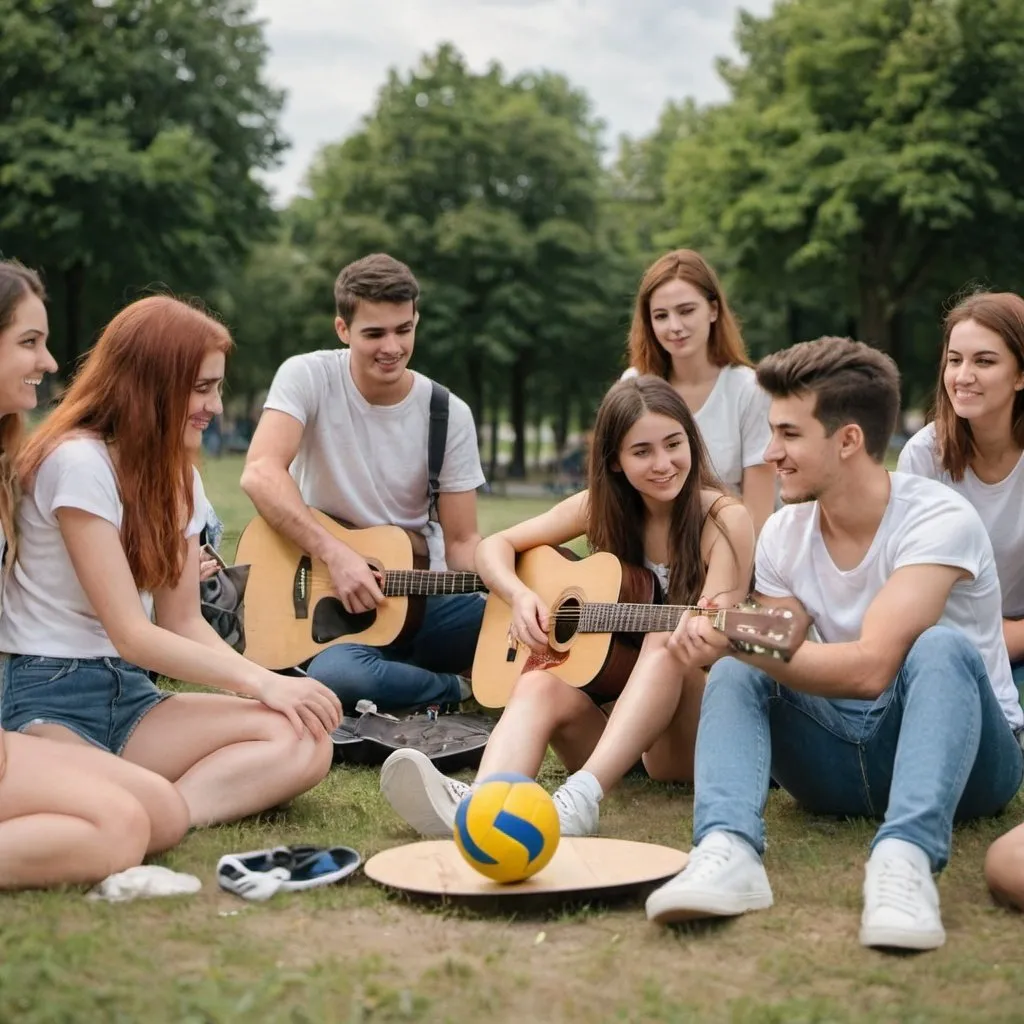 Prompt: Group of people at the park. aged 20-30. man and women. only one of them lay the guitar some of them play volleybal