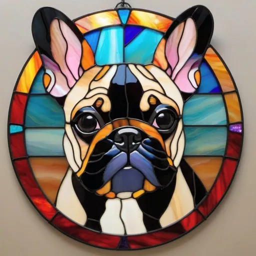 Prompt: Black Mask Fawn colored French bulldog with a multicolored background 