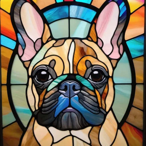 Prompt: Black Mask Fawn colored French bulldog with a multicolored background 