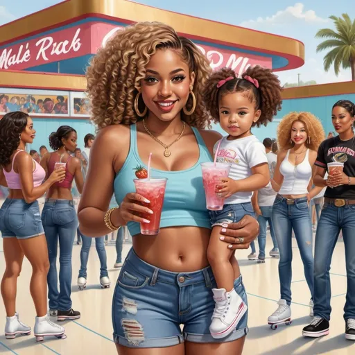 Prompt: hyper-realistic illustration of a hip hop skating rink predominantly populated by African American skaters scene includes a lively concession stand, a young stunning curvy Hershey brown
 African American woman with full lips, strawberry blonde long hair, pretty French tip nails,  stylish set of hoop earrings, a gold chain, a belly button ring,  with her curly one year old Mexican daughter on her hip 
 dressed in a trendy crop top and short blue jean shorts, holding a fountain drink in her hand, the name of the skating rink is “Muni’s Tr8p Rink” in the background  with her curly one year old Mexican daughter on her hip 
