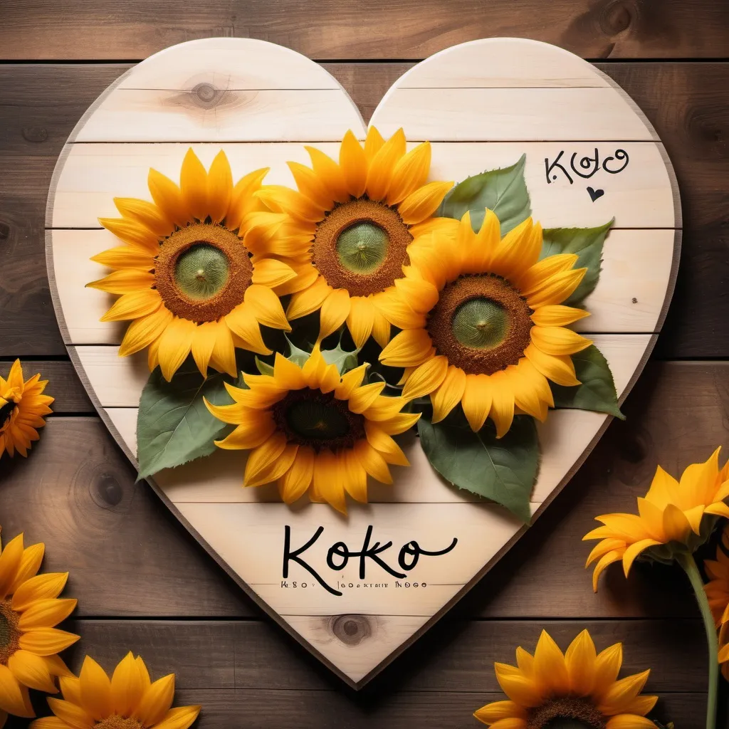 Prompt: A photo of yellow and orange sunflowers placed on a heart-shaped wooden plank. The plank has the name text "KOKO" written in an elegant script. There is a wooden heart on the plank, designed to hold a orange diamond love heart. The background is soft and blurred. The overall image has a warm and romantic ambiance.
The art is signature by the artist I care for you 🩷