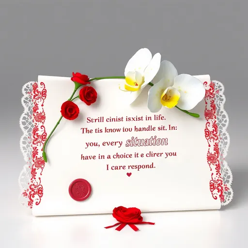 Prompt: A 3D render of a delicate white scroll with a red lace-like border and an intricate design. The scroll contains the text "Stress will always exist in life. The key is knowing how to handle it. In every situation, you always have a choice in how you respond.". There is a single white orchid with vibrant yellow spots, two velvety red carnations, a small heart-shaped wax seal, and the signature "I care for you". The piece masterfully conveys devotion and passion through its design and 3D rendering.