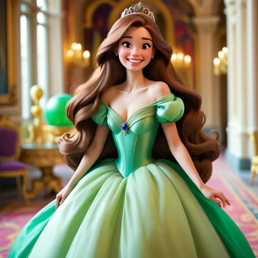 Prompt: Disney style princess with beutiful long brown hair and a big green ball gown happy smile, vibrant colors, inside a palace