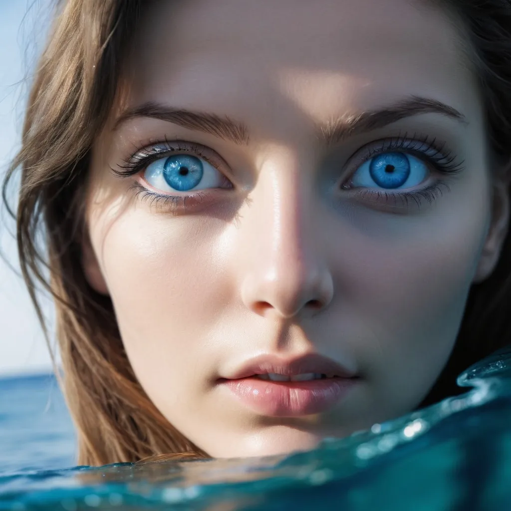 Prompt: reality woman, sea, blue eye
