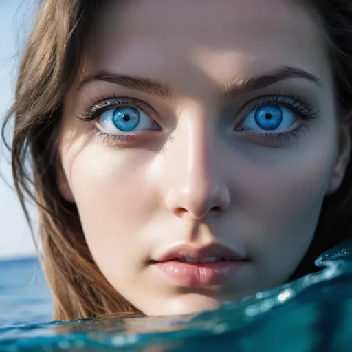 Prompt: reality woman, sea, blue eye
