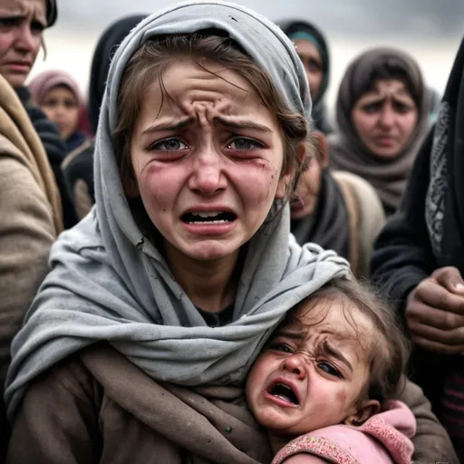 Prompt: Refugee, war, girl, cry