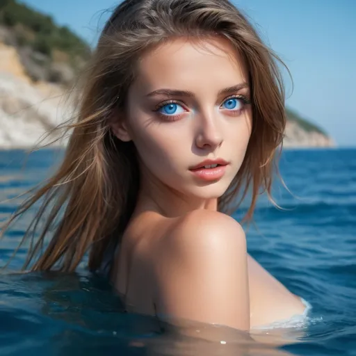 Prompt: reality beautiful hot woman, sea, blue eye, 


