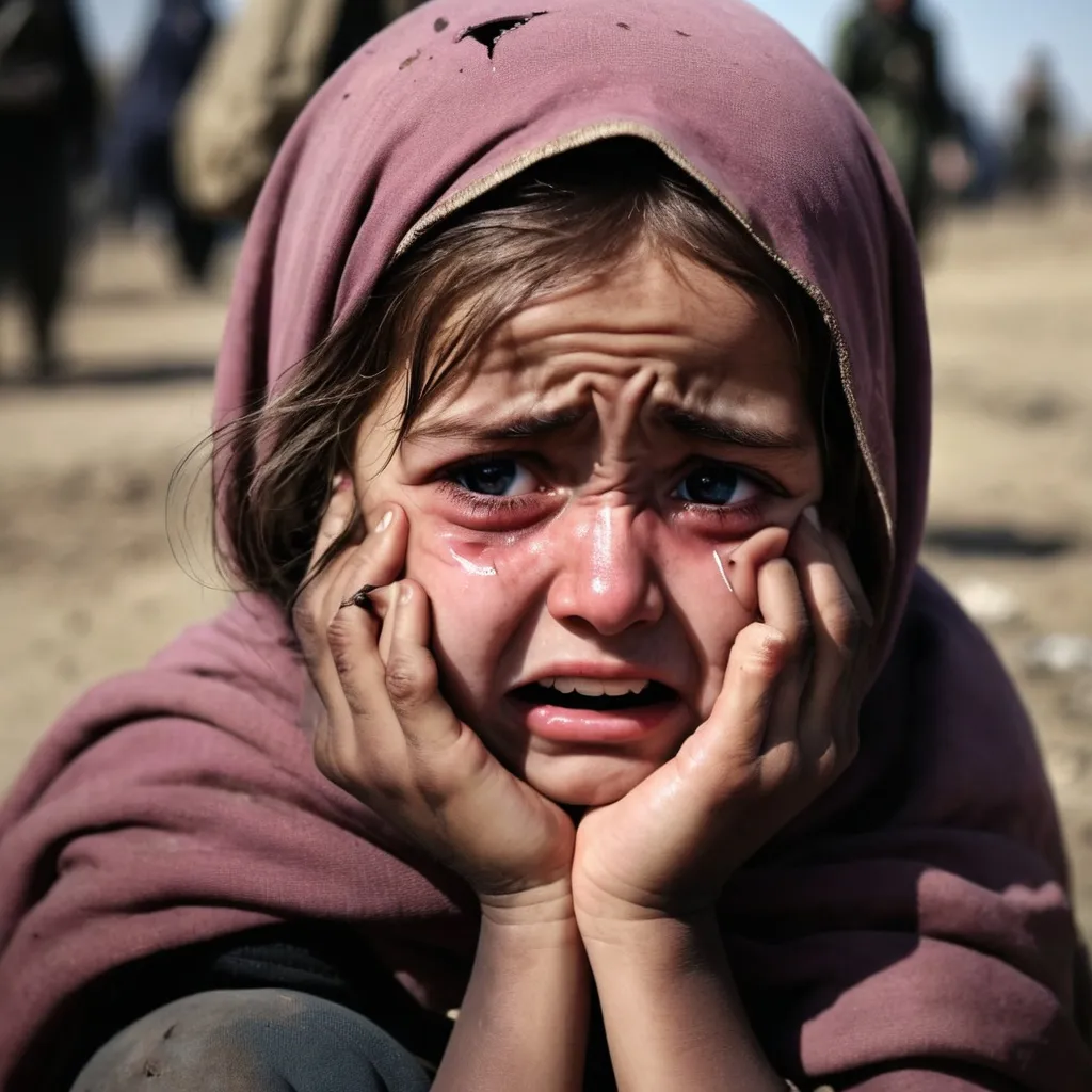 Prompt: Refugee, war, girl, cry