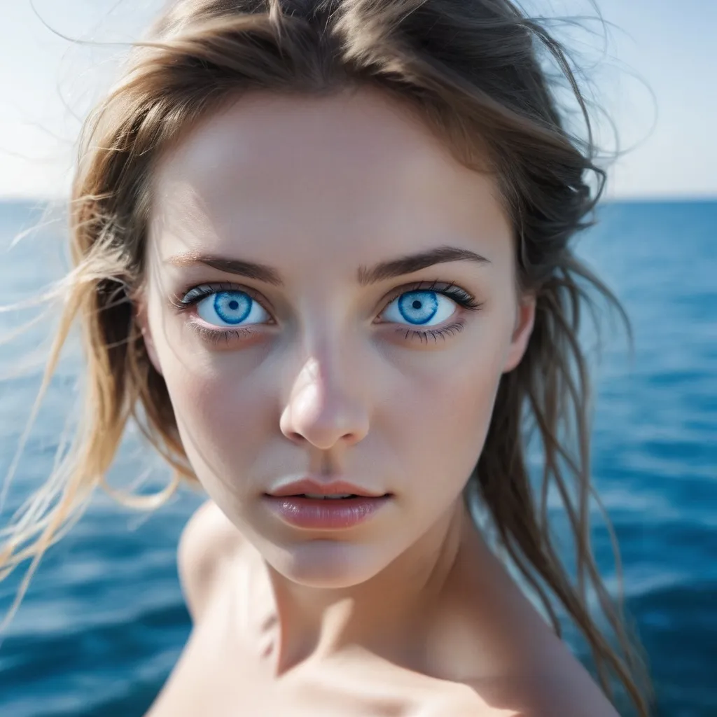 Prompt: reality woman, sea, blue eye
