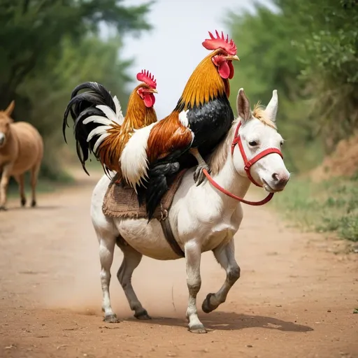 Prompt: Rooster riding on dog riding on donkey
