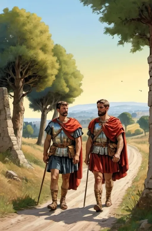 Prompt: Deux soldats romains discuttent le long d'une route romaine, période antique, ils portent des tuniques romaines, style de bande dessiné