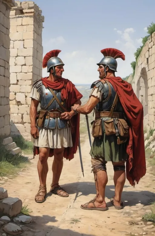 Prompt: Deux soldats romains discuttent le long d'une route romaine, période antique, ils portent des tuniques romaines, style de bande dessiné