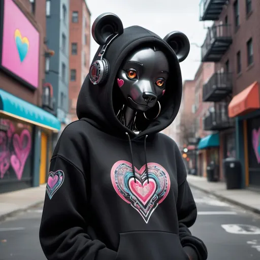 Prompt: (semi-robotic bear), oversized exaggerated earrings, black hoodie featuring a vibrant drawing of a heart, playful pose, (cool tone) colors, subtle metallic accents reflecting light, intricate robotic detailing on fur, (urban) backdrop, suggesting a lively street, (4K) ultra-detailed, whimsical yet edgy atmosphere, capturing a sense of fun and creativity.