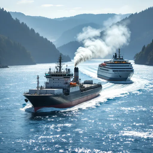 Prompt: Two large vessels glide through shimmering blue waters, their wakes trailing behind as they navigate a tranquil bay flanked by lush, forested hills. The scene is illuminated by soft, diffused daylight characteristic of an early afternoon, casting a serene glow on the surface of the water. The ship in the foreground, a cargo vessel, appears robust with its dark hull and streamlined structure, while the one in the background, a ferry, displays a brighter, more passenger-friendly design. Wisps of smoke rise from the cargo ship, contrasting against the backdrop of rolling hills, creating a calming narrative of maritime movement amidst natural beauty. The overall mood evokes a sense of peaceful exploration and the harmony between human activity and the vastness of nature.