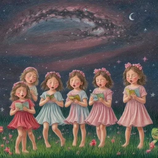 Prompt: Child's Summer Evening:

Cheeks flushed crimson, 
chasing painted wings,

Chirping crickets 
chime their twilight hymn.

Echoes whisper, 
frogs unleash their chorus,

Stars illuminate 
a Milky Way's soft choir.