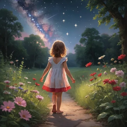 Prompt: Child's Summer Evening:

Cheeks flushed crimson, 
chasing painted wings,

Chirping crickets 
chime their twilight hymn.

Echoes whisper, 
frogs unleash their chorus,

Stars illuminate 
a Milky Way's soft choir.