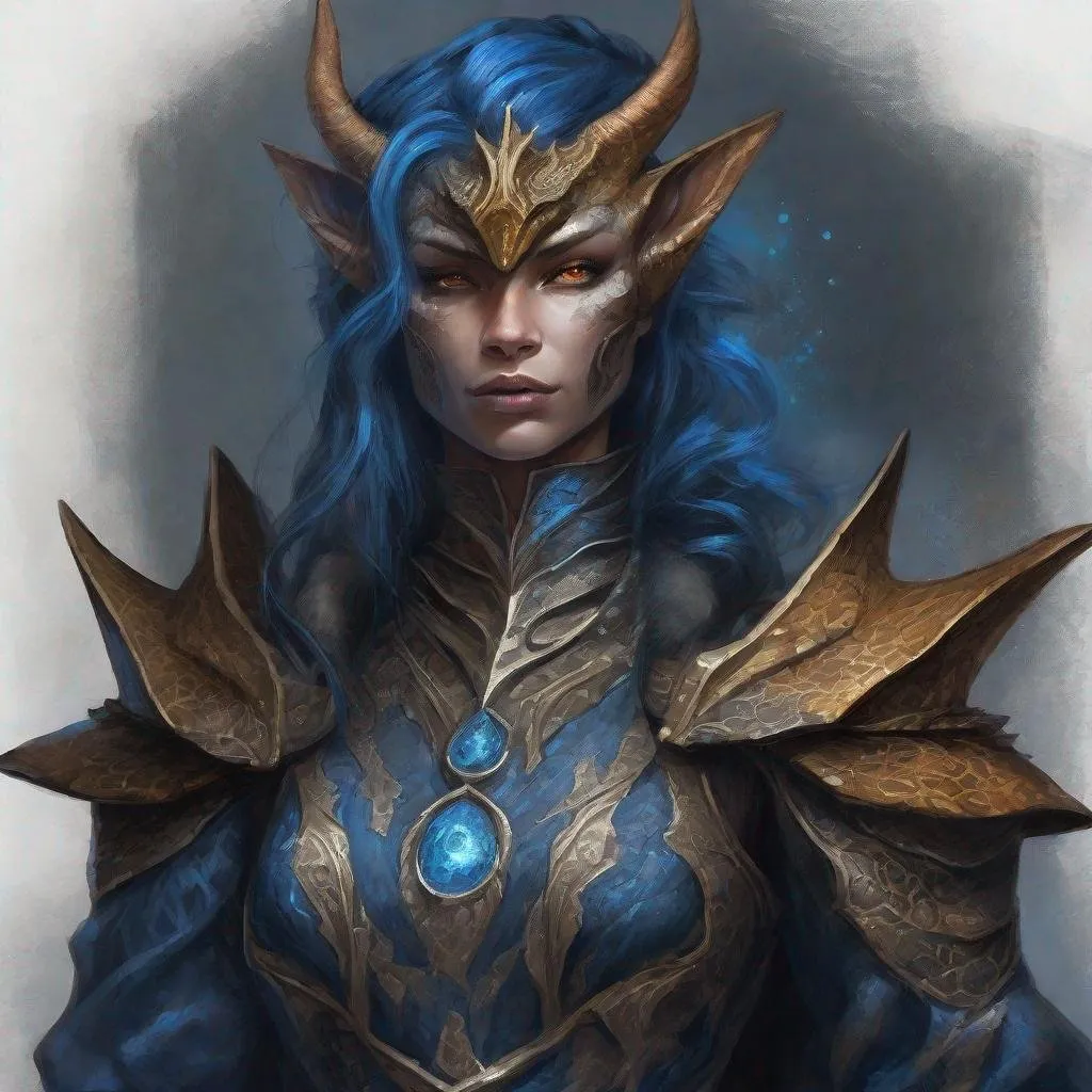 Prompt: dracon humanoid woman, blue dark,foreboding colors, hyper – realistic humanoid beautiful dragonborn with snout from dungeons and dragons, illustrations, glistening, energy – filled illustrations, in fantasy dress with fabric, dark gray and dark amber, mystical portraits