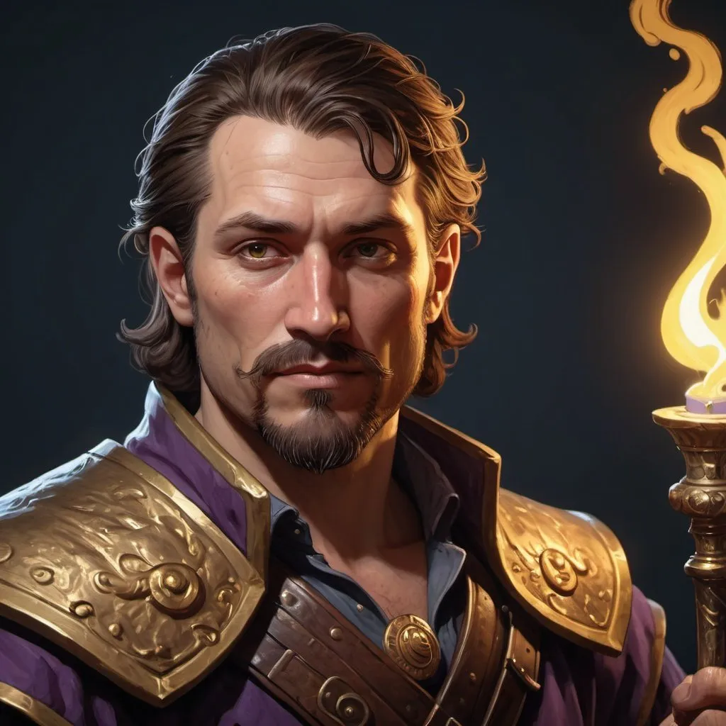 Prompt: Male noble human in his late thirties from dungeons and dragons, bronze haired, rude face with a smirk, facial hair of few weeks, one golden fake eye, magic spell, photoshop painting in the art style of Mike mignola's style a masterpiece, 8k resolution, intricately detailed, Splash screen art, trending on Artstation, deep color, Unreal Engine, volumetric lighting