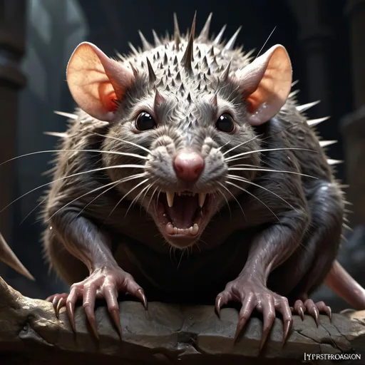 Prompt: Feral rat from dungeons and dragons, strong physique, covered in spikes, sharp claws, photoshop painting in the art style of Johaness Vess a masterpiece, 8k resolution, dark fantasy concept art, by Greg Rutkowski, dynamic lighting, hyperdetailed, intricately detailed, Splash screen art, trending on Artstation, deep color, Unreal Engine, volumetric lighting