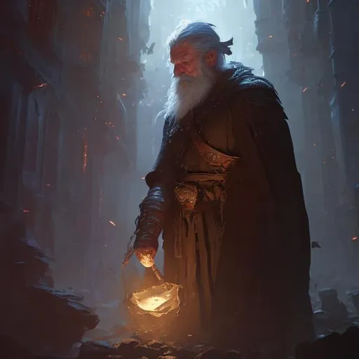 Prompt: A male mage, grandpa, beard, mercanary, human dungeons and dragons, leather armor, photoshop painting in the art style of charlie bowater a masterpiece, 8k resolution, dark fantasy concept art, by Greg Rutkowski, dynamic lighting, hyperdetailed, intricately detailed, Splash screen art, trending on Artstation, deep color, Unreal Engine, volumetric lighting