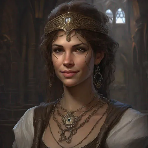 Prompt: female young noble human before her thirties from dungeons and dragons, bronze haired, kind face, delicate smile, very subtle headpiece jewellery made of delicate chains, one fake eye, magic spell, photoshop painting in the art style of Johaness Vess a masterpiece, 8k resolution, dark fantasy concept art, by Greg Rutkowski, dynamic lighting, hyperdetailed, intricately detailed, Splash screen art, trending on Artstation, deep color, Unreal Engine, volumetric lighting