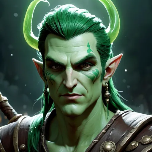 Prompt: Male water genasi with green skin colour, bard from dungeons and dragons, playfull face expression, green skin, clean shaved, medium length dark green hair, photoshop painting in the art style of Johaness Vess a masterpiece, 8k resolution, dark fantasy concept art, by Greg Rutkowski, dynamic lighting, hyperdetailed, intricately detailed, Splash screen art, trending on Artstation, deep color, Unreal Engine, volumetric lighting
