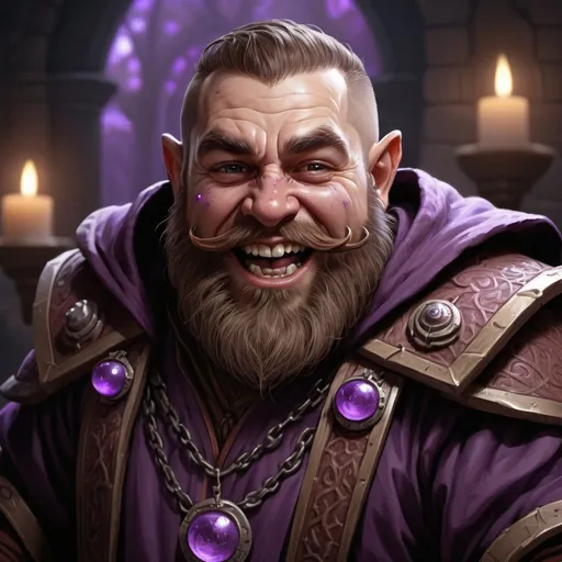 Prompt: cultist male dwarf from dungeons and dragons, feminine face, brown hair, brown beard, full of scars, laughing like a maniac, madness, wearing robes with small violet ornaments,  photoshop painting in the art style of Johaness Vess a masterpiece, 8k resolution, dark fantasy concept art, by Greg Rutkowski, dynamic lighting, hyperdetailed, intricately detailed, Splash screen art, trending on Artstation, deep color, Unreal Engine, volumetric lighting