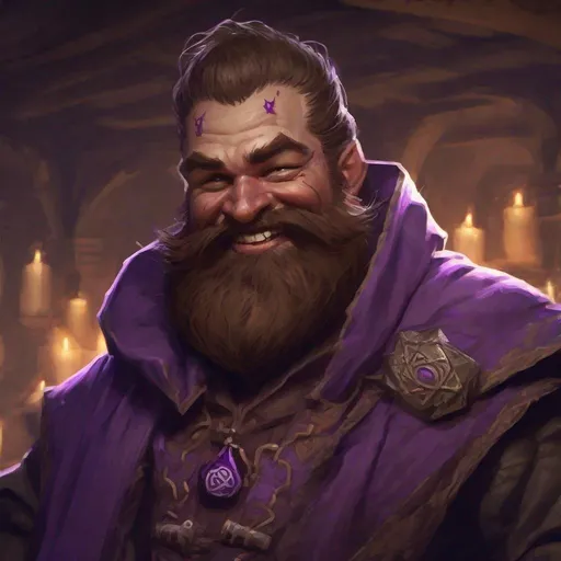 Prompt: cultist male dwarf from dungeons and dragons, feminine face, brown hair, brown beard, full of scars, laughing like a maniac, madness, wearing robes with small violet ornaments,  photoshop painting in the art style of Johaness Vess a masterpiece, 8k resolution, dark fantasy concept art, by Greg Rutkowski, dynamic lighting, hyperdetailed, intricately detailed, Splash screen art, trending on Artstation, deep color, Unreal Engine, volumetric lighting