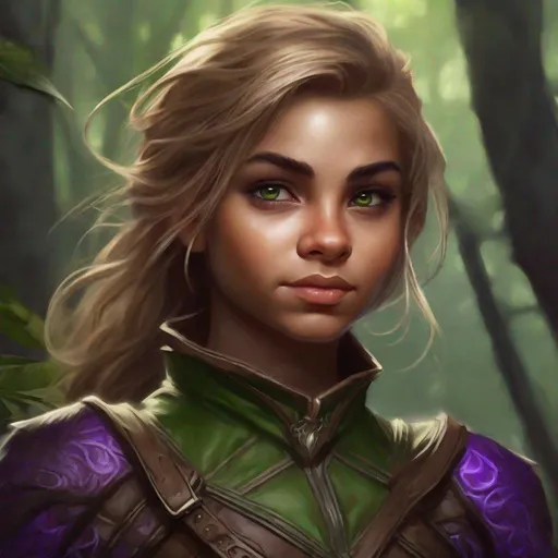 Prompt: Halfling, dark-blonde Female, small, olive skin, green and brown leather clothes, Druidess, nature, purple eyes, Halfling from dungeons and dragons, leather armor, photoshop painting in the art style of charlie bowater a masterpiece, 8k resolution, dark fantasy concept art, by Greg Rutkowski, dynamic lighting, hyperdetailed, intricately detailed, Splash screen art, trending on Artstation, deep color, Unreal Engine, volumetric lighting