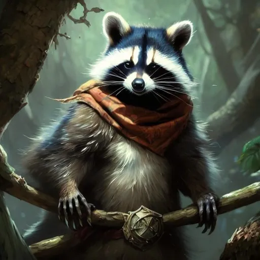 Prompt: racoon from dungeons and dragons, wearing neckerchief, cheecky rodent, animal, photoshop painting in the art style of Johaness Vess a masterpiece, 8k resolution, dark fantasy concept art, by Greg Rutkowski, dynamic lighting, hyperdetailed, intricately detailed, Splash screen art, trending on Artstation, deep color, Unreal Engine, volumetric lighting
