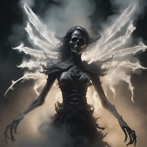 Prompt: shadow visage of barely visible woman in rage enveloped in smoke, dungeons and dragons, skeletal wings made of white bones, smoke effects, photoshop painting in the art style of Johaness Vess a masterpiece, 8k resolution, dark fantasy concept art, by Greg Rutkowski, dynamic lighting, hyperdetailed, intricately detailed, Splash screen art, trending on Artstation, deep color, Unreal Engine, volumetric lighting
