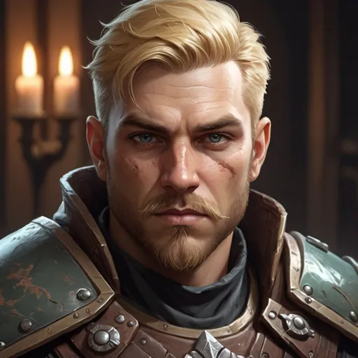 Prompt: Male bounty hunter from dungeons and dragons, neutral face expression, facial hair of few weeks, short blonde hair, photoshop painting in the art style of Johaness Vess a masterpiece, 8k resolution, dark fantasy concept art, by Greg Rutkowski, dynamic lighting, hyperdetailed, intricately detailed, Splash screen art, trending on Artstation, deep color, Unreal Engine, volumetric lighting