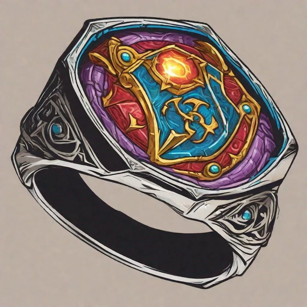 Prompt: a dungeons and dragons item style image of: Colorfull magic ring with depiction that looks like a shield of arcane