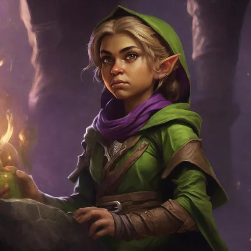 Prompt: Halfling, dark-blonde Female, small, olive skin, green and brown leather clothes, Sorceress, arcane, purple eyes, Halfling from dungeons and dragons, photoshop painting in the art style of Johannes Voss a masterpiece, 8k resolution, dark fantasy concept art, by Greg Rutkowski, dynamic lighting, hyperdetailed, intricately detailed, Splash screen art, trending on Artstation, deep color, Unreal Engine, volumetric lighting