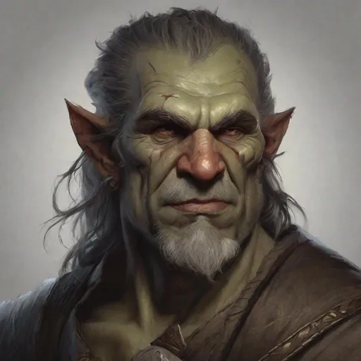Prompt: Male half-orc in his late 60ties from dungeons and dragons, nice face expression, facial hair of few weeks, oldman, wrinkles, photoshop painting in the art style of Johaness Vess a masterpiece, 8k resolution, dark fantasy concept art, by Greg Rutkowski, dynamic lighting, hyperdetailed, intricately detailed, Splash screen art, trending on Artstation, deep color, Unreal Engine, volumetric lighting