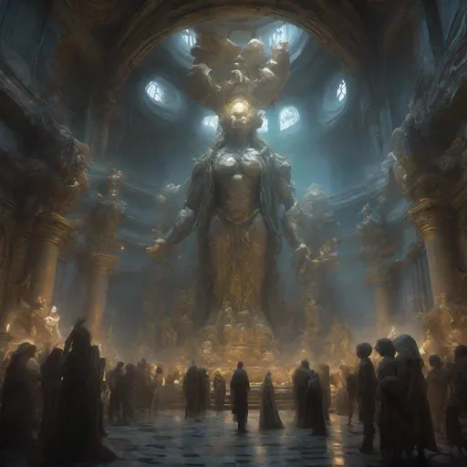 Prompt: Hyperrealistic fantasy interior of gigantic temple,giant humanoid statue of the cloacked goddess in the middle, full of people and clerics, detailed fantasy background, hyperdetailed, bright lightning; by Kim Keever Antoine Collignon Wadim Kashin Tim Burton Peter Mohrbacher, realism; incredible composition; dynamic_lighting; meticulously composed concept art, fascinating_stars, masterpiece, mystic fog, digital illustration, Reflections, cell-shaded, Volumetric_lighting"