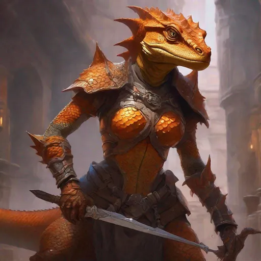 Prompt: Female lizardfolk in her 40ties from dungeons and dragons, orange scales, wearing full plate armor, photoshop painting in the art style of Johaness Vess a masterpiece, 8k resolution, dark fantasy concept art, by Greg Rutkowski, dynamic lighting, hyperdetailed, intricately detailed, Splash screen art, trending on Artstation, deep color, Unreal Engine, volumetric lighting