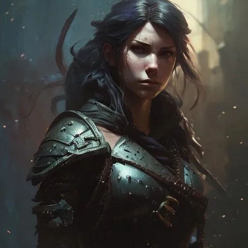 Prompt: A thug, mercanary, human from dungeons and dragons, leather armor, photoshop painting in the art style of charlie bowater a masterpiece, 8k resolution, dark fantasy concept art, by Greg Rutkowski, dynamic lighting, hyperdetailed, intricately detailed, Splash screen art, trending on Artstation, deep color, Unreal Engine, volumetric lighting